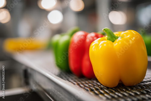 Colorful bell peppers arranged in neat rows on a market display with shallow depth of field and vibrant lighting. Fresh vegetable produce scene highlighting variety, freshness, and healthy food.