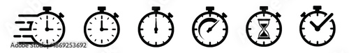 Set of timer and stopwatch icons for time tracking, speed measurement and deadline management on white background