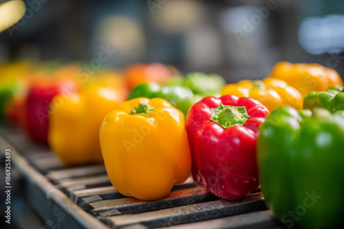 Colorful bell peppers arranged in neat rows on a market display with shallow depth of field and vibrant lighting. Fresh vegetable produce scene highlighting variety, freshness, and healthy food.
