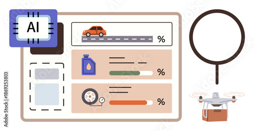 AI technology, vehicle monitoring, logistics, quadcopter delivery, automation, digital interfaces. Dashboard showing car, oil level tire pressure and Quadcopter delivery. AI technology and vehicle