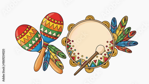 Latin American Percussion Musical Instruments Illustration with Maracas and Tambourine