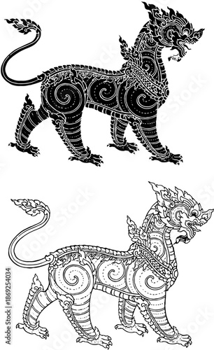 Vector illustration of a traditional mythical creature from Southeast Asian folklore (Thai and Lao culture). This intricate black and white line art depicts the 'Hatsadiling'