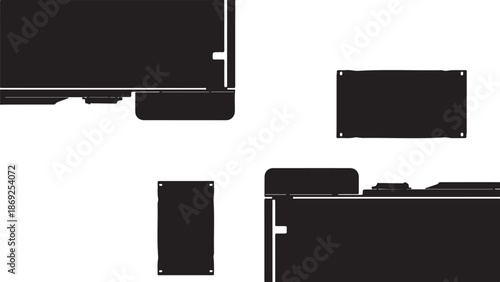 Black electronic device components on white background