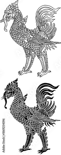 Vector illustration of a traditional mythical creature from Southeast Asian folklore (Thai and Lao culture). This intricate black and white line art depicts the 'Hatsadiling'