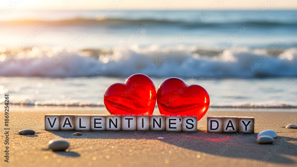 Fototapeta premium Romantic Valentine's Day scene with heart ornaments on beach
