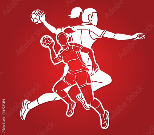Group of Handball Players Female Mix Action Cartoon Sport Graphic Vector