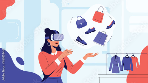Innovative virtual reality shopping experience features a woman using a VR headset to browse fashion items like bags and shoes virtually.