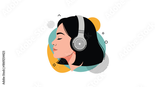 Artistic side profile of a woman wearing headphones and listening to music with her eyes closed against a vibrant abstract background.