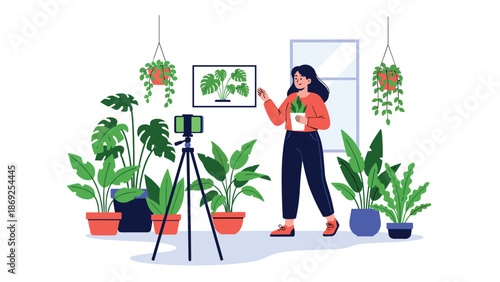 Creative young woman films a plant care vlog with her smartphone and tripod while surrounded by a lush collection of indoor potted plants.