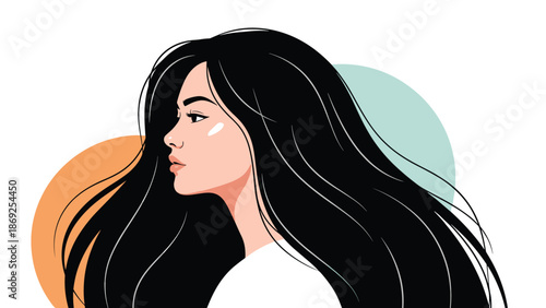 Elegant profile portrait of a woman with long flowing dark hair set against a clean background with soft orange and blue circular shapes.
