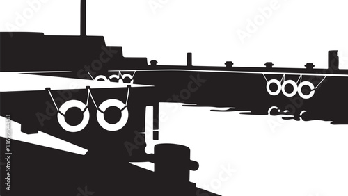 Industrial Bridge Silhouette with Reflections in Water