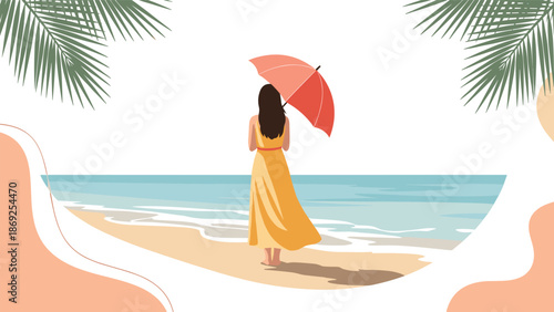 Woman in a vibrant yellow dress stands on a peaceful tropical beach holding a red umbrella while looking at the calm turquoise ocean.