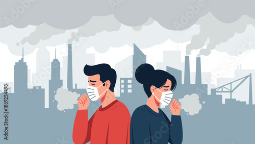 Man and woman wearing protective face masks cough in a polluted city environment with smog and smoke coming from industrial factories.