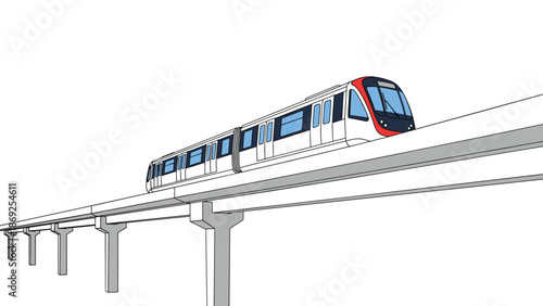 Modern monorail train travels along an elevated concrete track against a clean white background showing future public transportation transit.