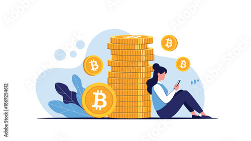 Young woman sits against a large stack of Bitcoin coins while using her smartphone for cryptocurrency trading and digital financial management.