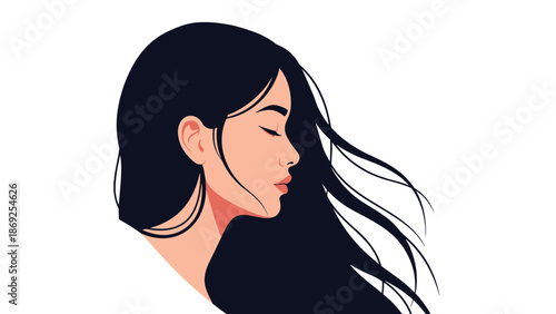 Serene profile of a young woman with long dark hair and eyes closed against a simple white background capturing a moment of inner peace.