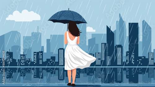 Woman in a white dress walks with a dark umbrella during a rainstorm in a blue-toned city with a reflecting cityscape on the ground.