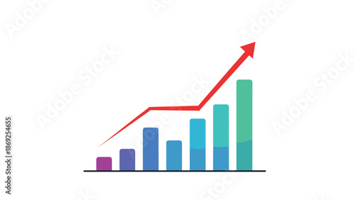 Business growth bar chart features colorful rising columns and a bright red arrow pointing upwards to symbolize success and profit increase.