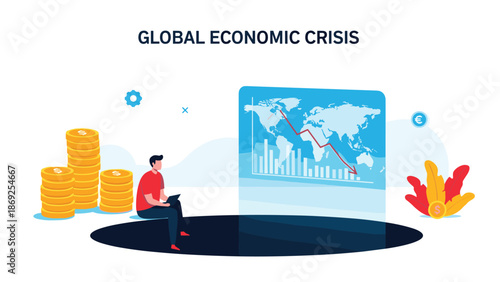 Man sits on the edge of a large dark hole looking at a digital world map with a declining line representing a global economic crisis.