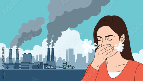 Concerned woman covers her mouth near industrial factory chimneys emitting thick black smoke while cars add to the city air pollution levels.