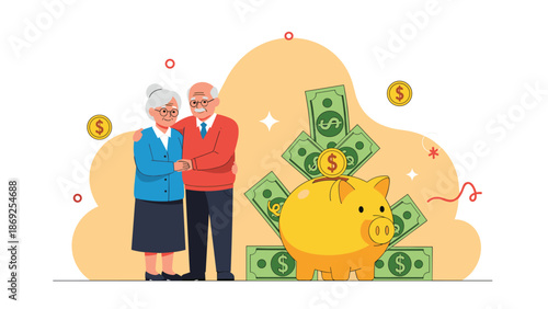 Happy elderly couple stands next to a large golden piggy bank surrounded by piles of money and coins for retirement and savings concepts.