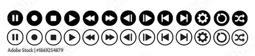 Set of Vector Icons About Media Player with Pause, Stop, Play, Fast Backward, Fast Forward, Next, Previous, Settings, Loop and Shuffle Isolated on White Background