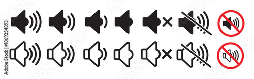 Set of Vector Icons About Sound Volume with Low, Medium, High, Mute, Muted and No Sound Sign Isolated on White Background in Two Different Styles