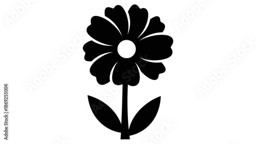 Black silhouette of a simple daisy-like flower with a stem and two leaves, isolated on a white background, representing nature and growth.