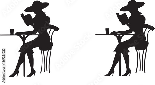 Elegant Silhouette of Twin Women Reading at a Cafe
