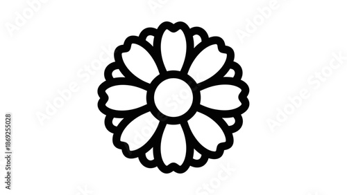 A simple black and white line art illustration of a stylized flower with a central circle and multiple petals, resembling a daisy or a decorative floral motif.