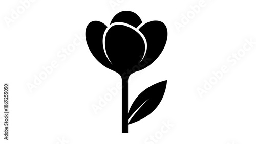 Black silhouette of a simple flower with a stem and a single leaf on a white background, perfect for various design uses.