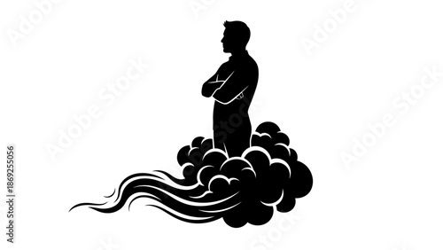 Silhouette of a man with crossed arms emerging from a dynamic cloud of smoke or dust, suggesting power and movement.