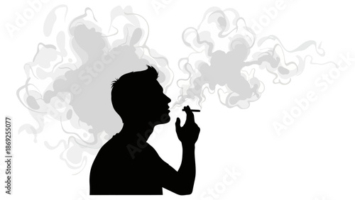 A silhouette of a man smoking a cigarette with smoke swirling around him on a white background.