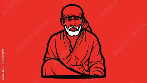 Stylized graphic illustration of Sai Baba with a white beard and red head covering, sitting against a solid red background.