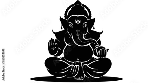 Black silhouette of Hindu deity Ganesha sitting in a meditative pose, holding a modak, with a blessing hand gesture.