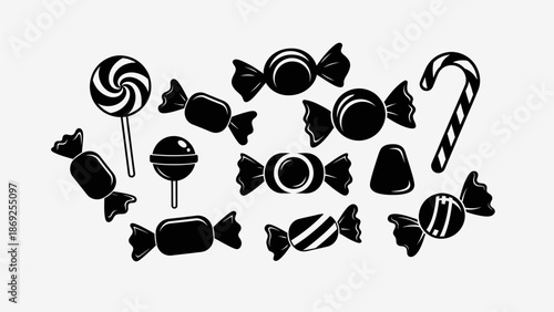A collection of various sweet candies, lollipops, and a candy cane in silhouette.
