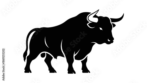 A powerful black bull silhouette standing with its head slightly turned, showcasing its strong build and horns.
