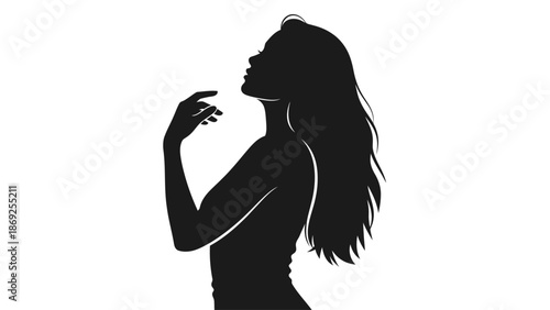 Silhouette of a woman with long flowing hair, head tilted back, and hand near her face.
