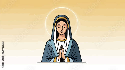 Illustration of the Virgin Mary praying with a halo, depicting devotion and spirituality in a minimalist style.