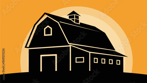 A graphic silhouette illustration of a traditional barn with a gambrel roof and cupola against an orange sunset or sunrise background.