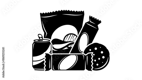 A monochrome illustration depicting a variety of popular snack foods and beverages, including chips, a soda can, a candy bar, and a bitten cookie.