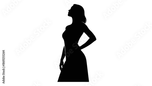 Elegant silhouette of a woman standing with her hand on her hip, looking up.