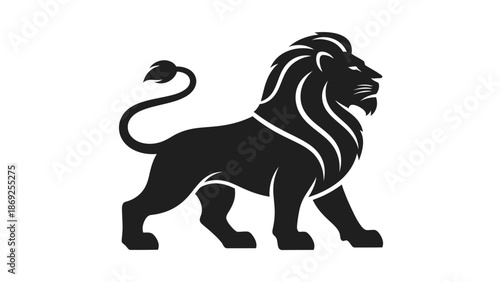 A black silhouette of a majestic lion standing proudly, facing right.