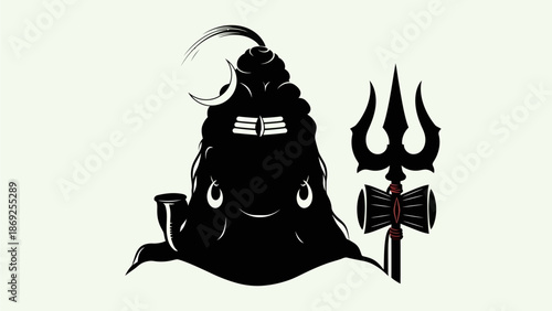 Black silhouette illustration of Lord Shiva with matted hair, crescent moon, and trident on a light background.