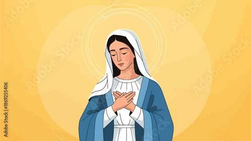 Illustration of the Virgin Mary with a halo, wearing a blue robe and white veil, hands crossed over her chest, on a warm yellow background.