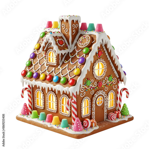 Deliciously decorated gingerbread house with colorful candy and icing