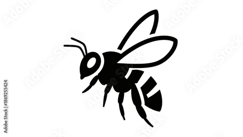 A black and white silhouette illustration of a flying bee with striped body and delicate wings.