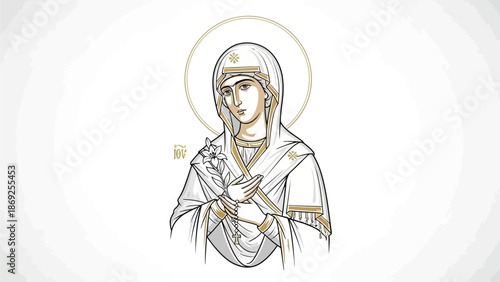 Stylized icon drawing of a female saint with a halo, holding lilies, in a traditional Orthodox art style with gold accents.