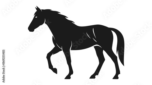Black silhouette of a majestic horse in a walking pose, isolated on a white background.