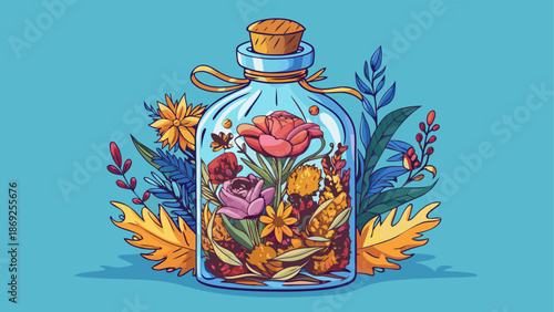 Decorative glass bottle with dried flowers on solid pastel blue background